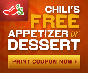 chili's free appetizer or dessert coupon