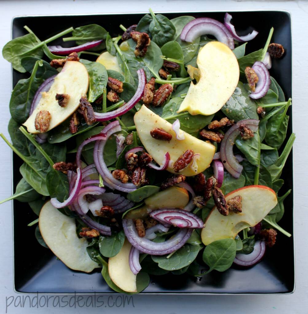 Spinach Apple Salad With Curried Pecans & Maple Cider Dressing