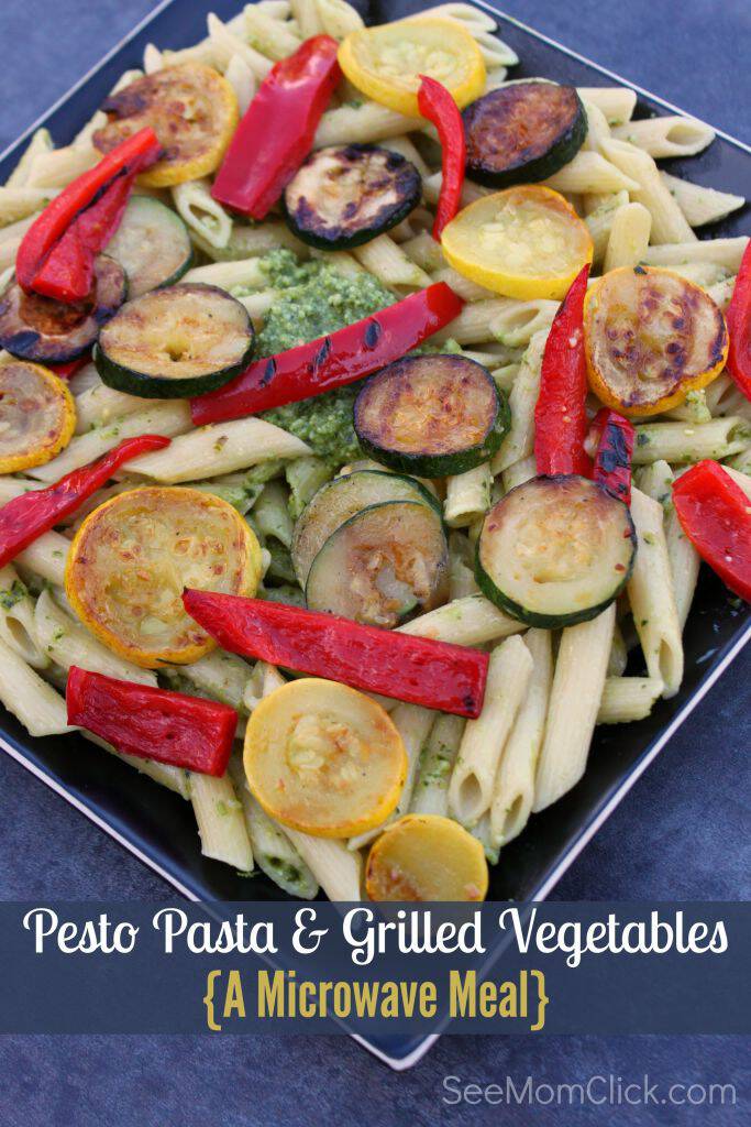 This Pesto Pasta with Grilled Vegetables recipe is made completely in the microwave! Bump this to the top of your easy dinner recipes list. Good food made fast. Yes, please!
