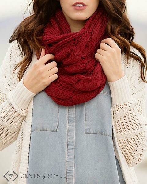A cable knit infinity scarf is a perfect way to style a winter outfit, and it's cozy, too! These are only $7.95 shipped and come in 6 colors.