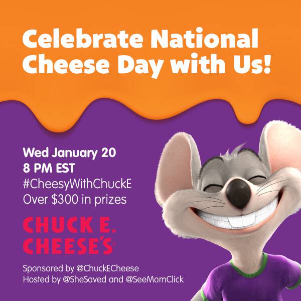 Join us with our sponsor Chuck E. Cheese for the #CheesyWithChuckE Twitter Party on January 20 at 8pm for your chance to win!