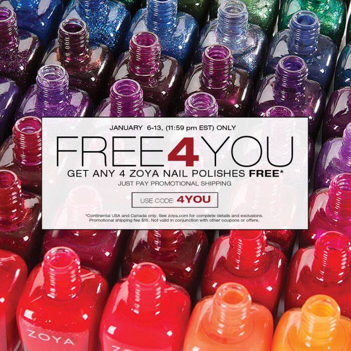 Use this code by January 13, 2016 to get 4 free Zoya nail polish bottles! This is my favorite brand, so many cool colors! Only pay shipping!
