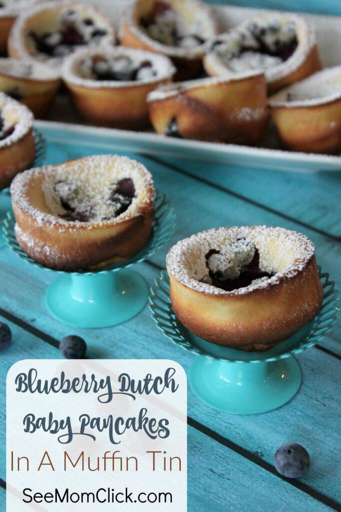 My family gobbled up these blueberry dutch baby pancake which I made in a muffin tin for easy serving, in a snap. They're delicious and SO easy! A perfect breakfast recipe or easy brunch recipe.