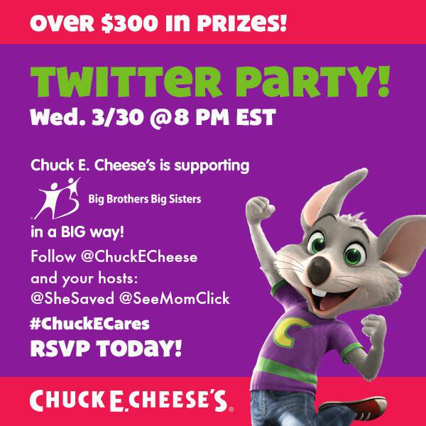 Join us with our sponsor Chuck E. Cheese for the #ChuckECares Twitter Party on March 30 at 8pm ET for your chance to win! 