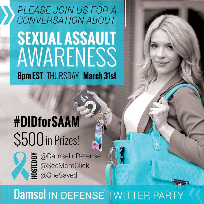 Join us with our sponsor Damsel in Defense for the #DIDforSAAM Twitter Party on March 31 at 8pm ET for your chance to win!