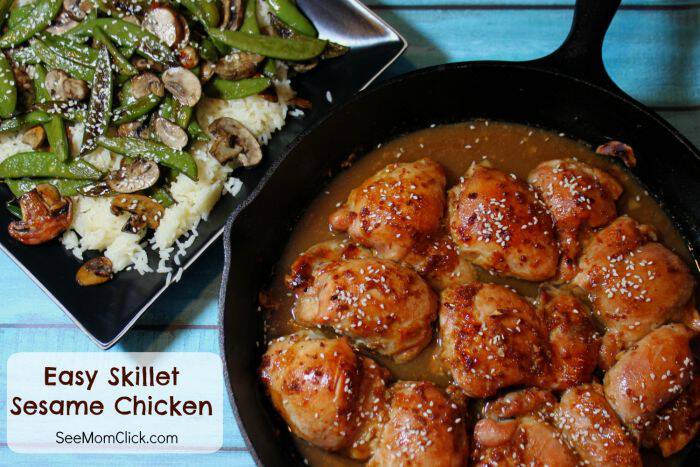 I love cooking in my cast iron skillet. One pot means it's easy and delicious! This Easy Skillet Sesame Chicken recipe is a new favorite dinner recipe. Yum!