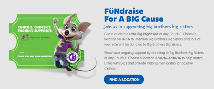 FUNdraise for a BIG cause with the Little BIG Night Out with Chuck E. Cheese! On March 31, Chuck E. Cheeses across the country will donate 15% of sales!