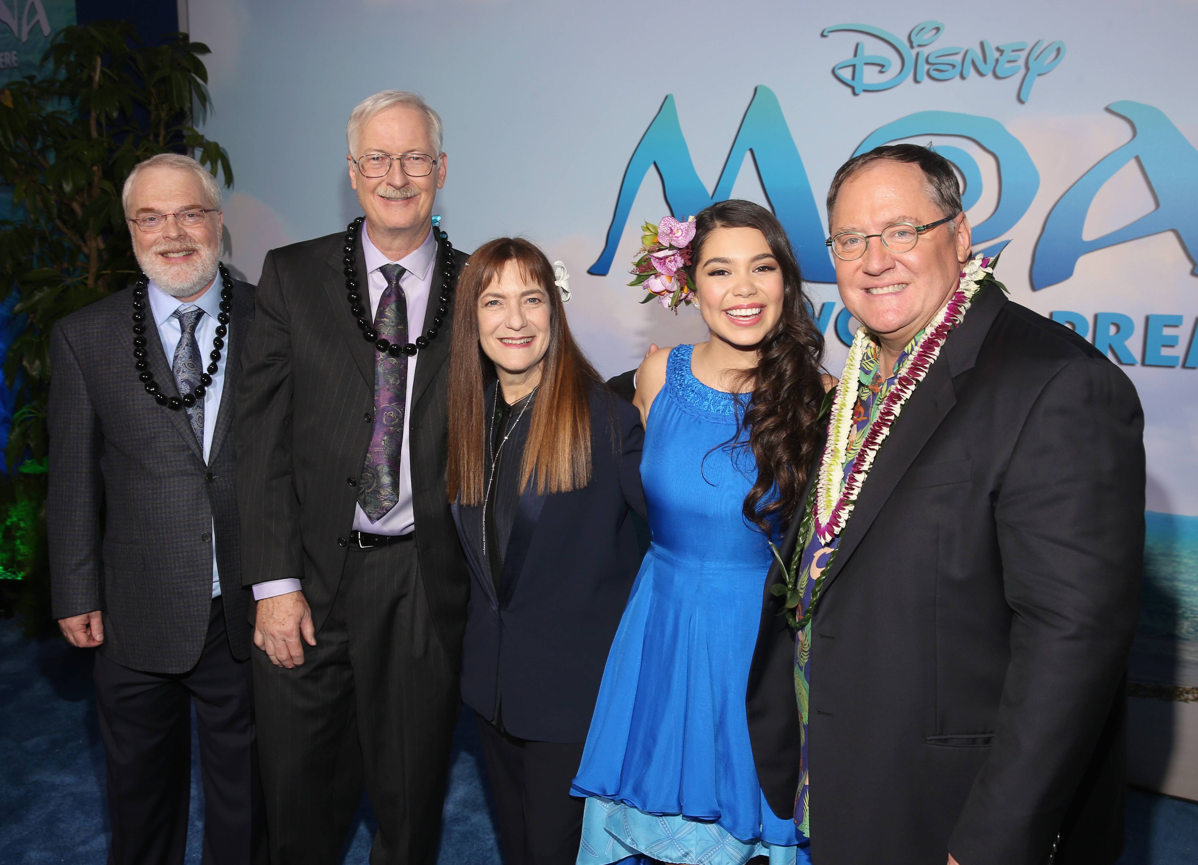 HOLLYWOOD, CA - NOVEMBER 14: (L-R) Directors Ron Clements and John Musker, producer Osnat Shurer, actress Auli'i Cravalho, and executive producer John Lasseter attend The World Premiere of Disneys "MOANA" at the El Capitan Theatre on Monday, November 14, 2016 in Hollywood, CA. (Photo by Jesse Grant/Getty Images for Disney) *** Local Caption *** Auli'i Cravalho; John Lasseter; John Musker; Ron Clements; Osnat Shurer