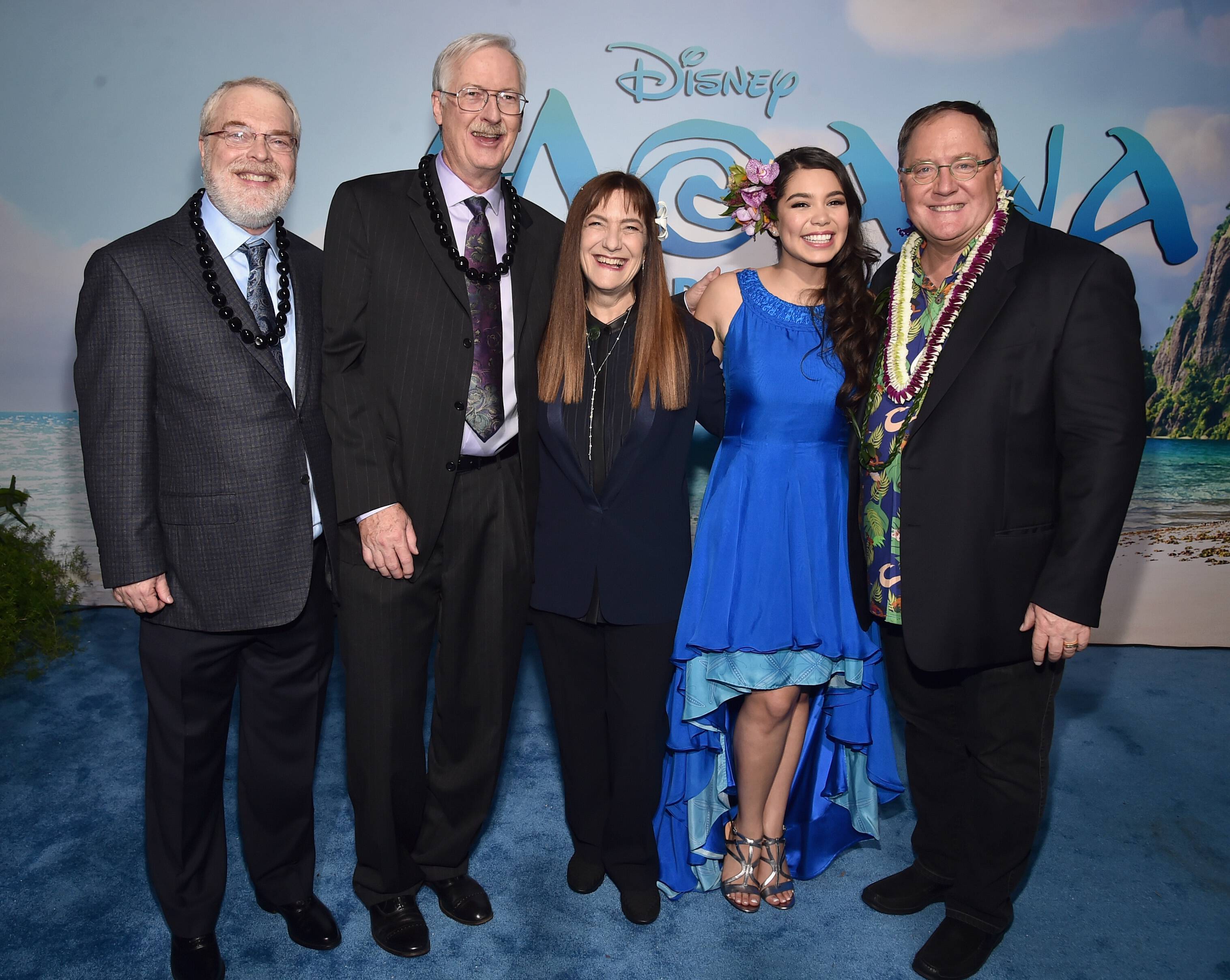 HOLLYWOOD, CA - NOVEMBER 14: (L-R) Directors Ron Clements and John Musker, producer Osnat Shurer, actress Auli'i Cravalho and executive producer John Lasseter attend The World Premiere of Disneys "MOANA" at the El Capitan Theatre on Monday, November 14, 2016 in Hollywood, CA. (Photo by Alberto E. Rodriguez/Getty Images for Disney) *** Local Caption *** Ron Clements; John Musker; Osnat Shurer; Auli'i Cravalho; John Lasseter