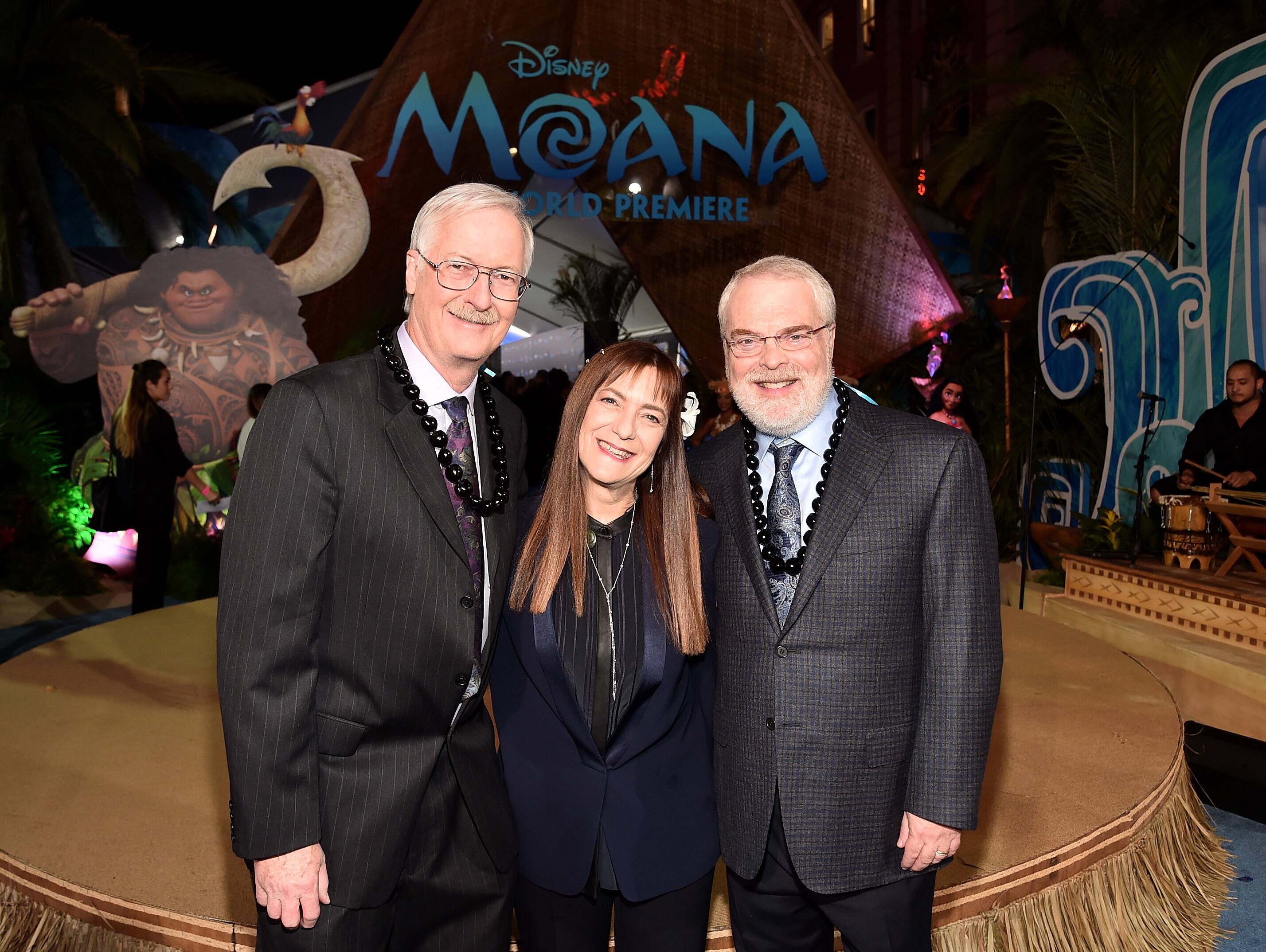 HOLLYWOOD, CA - NOVEMBER 14: (L-R) Director John Musker, producer Osnat Shurer, and director Ron Clements attend The World Premiere of Disneys "MOANA" at the El Capitan Theatre on Monday, November 14, 2016 in Hollywood, CA. (Photo by Alberto E. Rodriguez/Getty Images for Disney) *** Local Caption *** John Musker; Osnat Shurer; Ron Clements