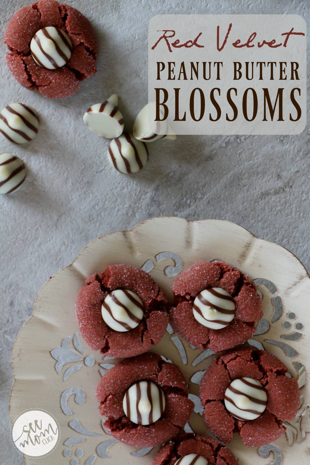 Here's a fun twist in a classic! These Red Velvet Peanut Butter Blossoms Recipe are perfect for a Valentine's Day dessert or class party treat.
