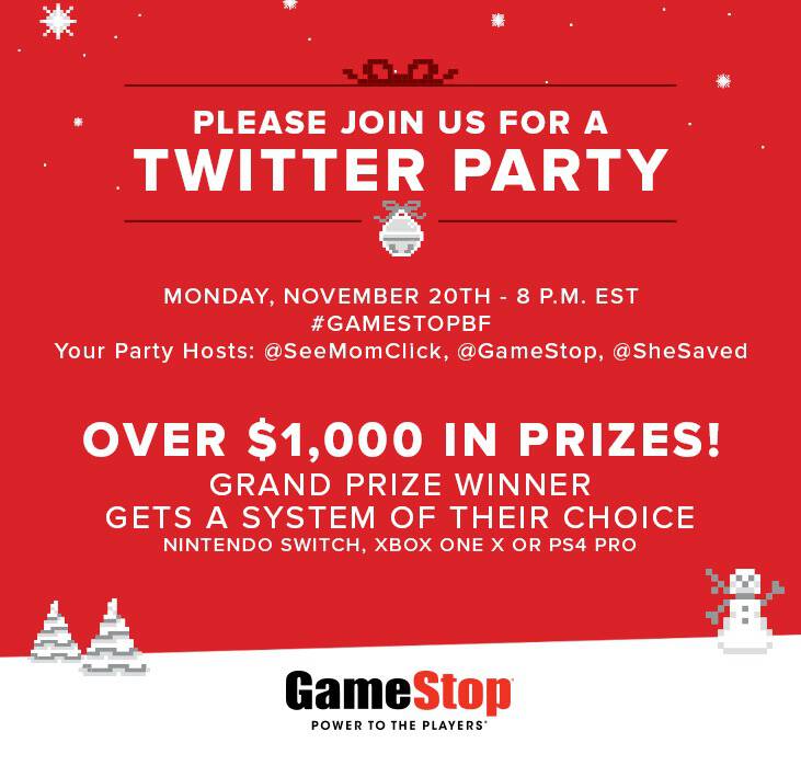 Join me Monday November 20, 2017 for the #GameStopBF GameStop Twitter party! We're chatting holiday deals and giving away $1000 in prizes!