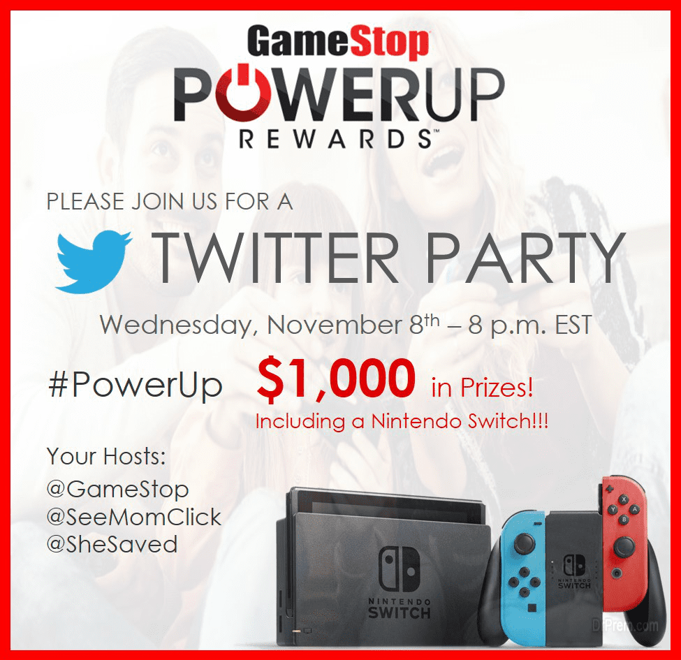 Join me Wednesday November 8, 2017 for the #PowerUp Game Stop Twitter party! We're chatting holiday deals and giving away $1000 in prizes!