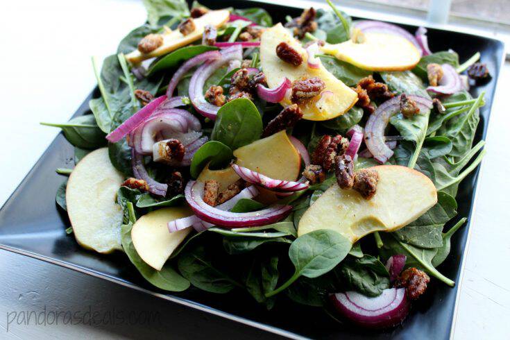 Spinach Apple Salad With Curried Pecans and Maple-Cider Dressing