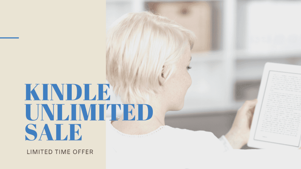 woman reading ebook with text overlay that says kindle unlimited sale